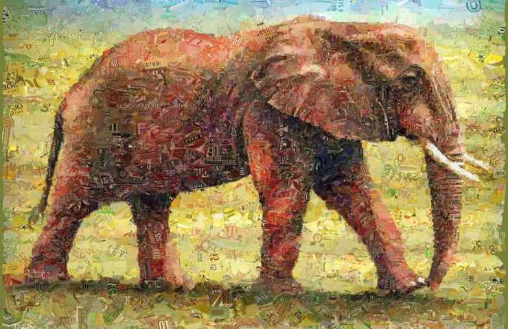 Opera creata con banconote da Charis Tsevis raffigurante un elefante