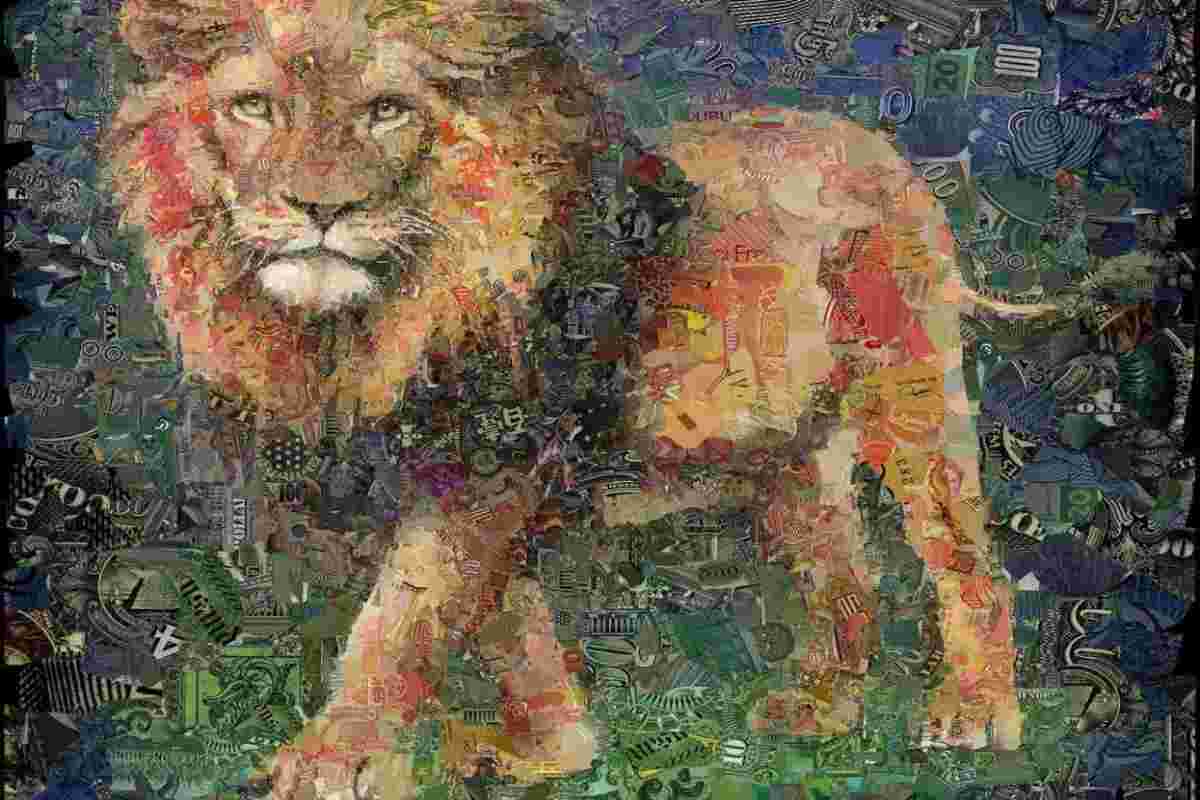 Opera creata con banconote da Charis Tsevis raffigurante un leone