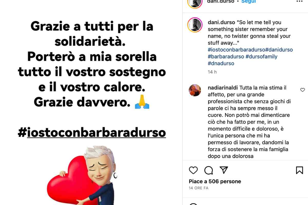 Screenshot di un post su Instagram della sorella di Barbara D'Urso