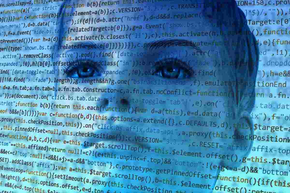Un volto femminile e i miliardi di dati generati dall'Intelligenza artificiale, che la Ue vuole regolamentare con l'AI Act, criticato dalle aziende