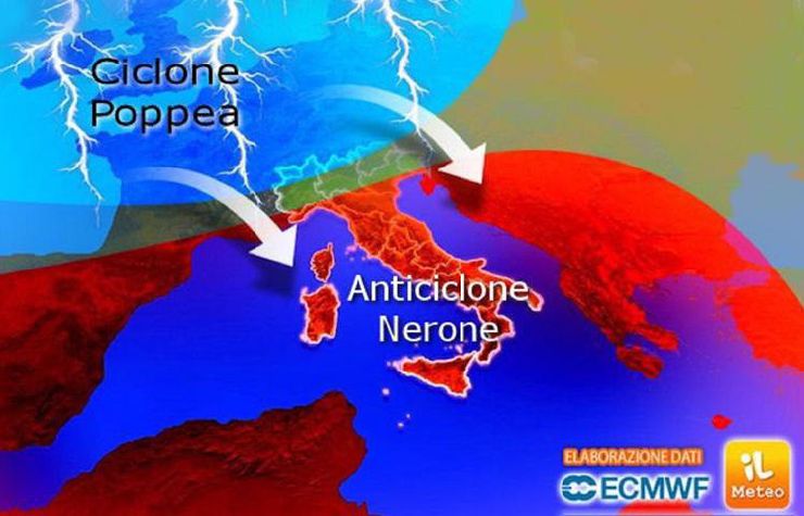 Perturbazioni sopra l'Italia di nome Poppea e Nerone in un grafico meteorologico