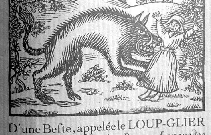 Vignetta con un lupo che azzanna una fanciullia in bianco e nero