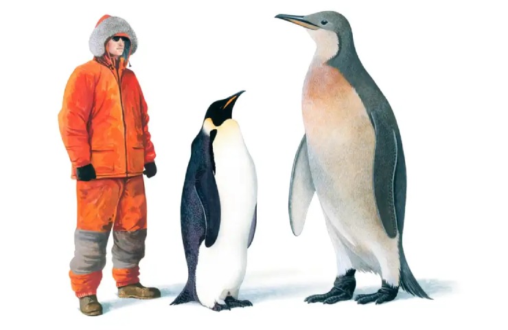 Illustrazione dell'estinto Palaeeudyptes klekowskii con un umano e un pinguino imperatore in scala