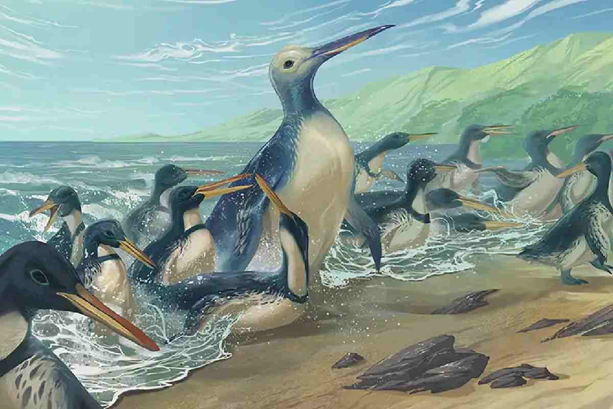 Pinguini Kumimanu fordycei (l'uccello più grande, singolo) e Petradyptes stonehousei su un'antica spiaggia neozelandese